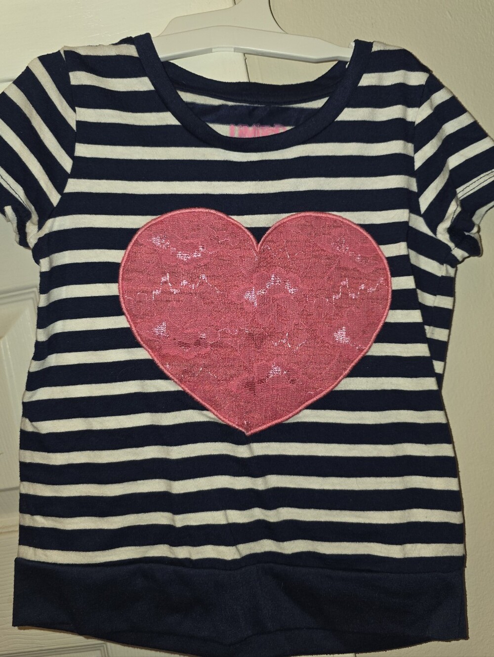 Limited Too Navy & White Striped Tee with Pink Lace Heart